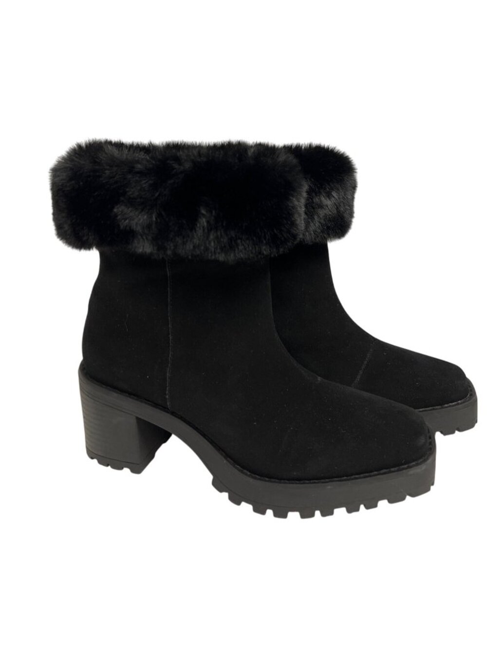 Andre Assous Milana Women's 5.5M Black Leather Faux Fur Cuff Lug Sole Boots NWOB